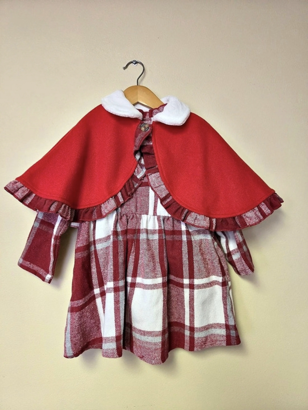 Girls Plaid Dress with Cape in Red & White, Like New SIZE 4